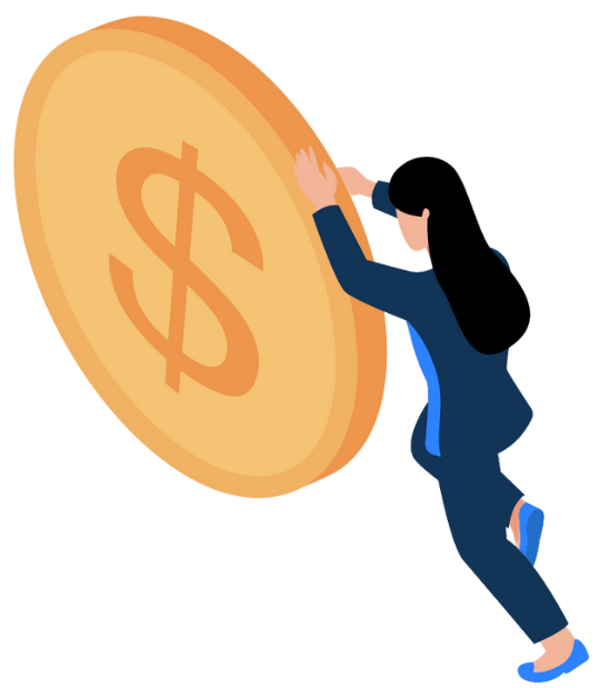 graphic of woman pushing large coin