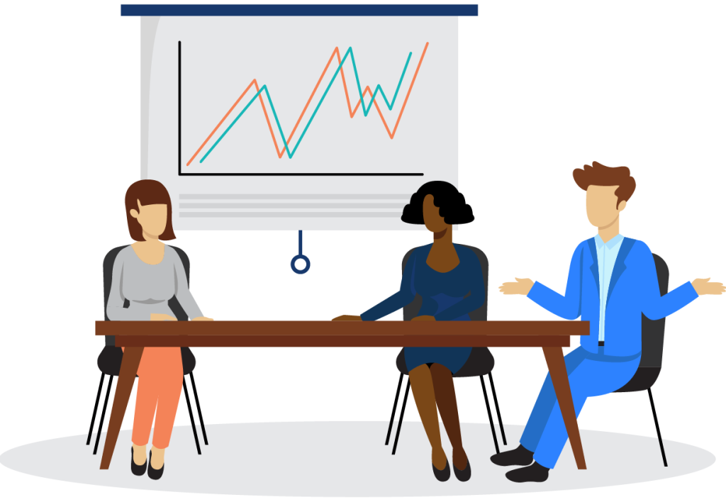 professional growth graphic_3 people at conference room in front of screen