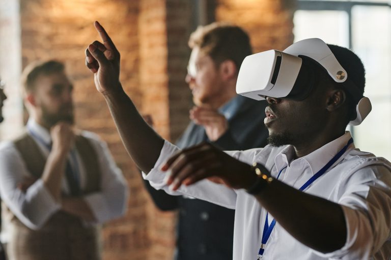 Person using VR headset during meeting